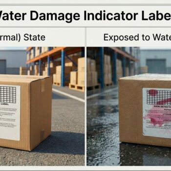 Before and after comparison of a water damage indicator label on a shipping carton