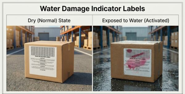 Before and after comparison of a water damage indicator label on a shipping carton