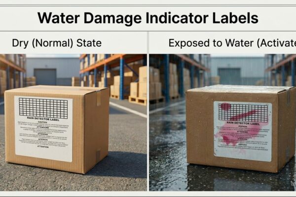 Before and after comparison of a water damage indicator label on a shipping carton