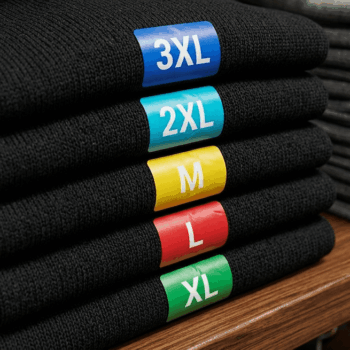 Colored size strip labels (S, M, L, XL, 2XL, 3XL) on black garments showing garment-friendly adhesive application