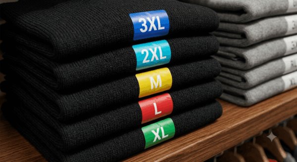 Colored size strip labels (S, M, L, XL, 2XL, 3XL) on black garments showing garment-friendly adhesive application