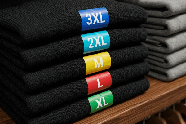 Colored size strip labels (S, M, L, XL, 2XL, 3XL) on black garments showing garment-friendly adhesive application