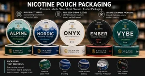 Multi-layer peel-reveal nicotine pouch label with silver foil accent and QR code printed on the can lid