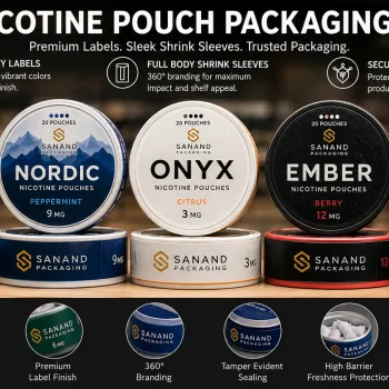 Multi-layer peel-reveal nicotine pouch label with silver foil accent and QR code printed on the can lid