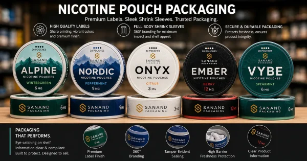 Multi-layer peel-reveal nicotine pouch label with silver foil accent and QR code printed on the can lid