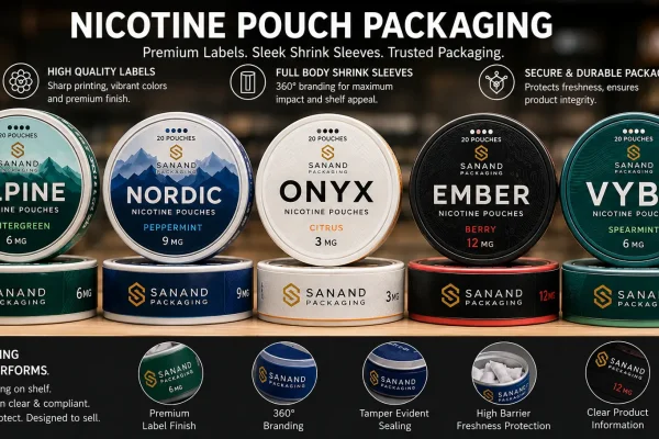 Multi-layer peel-reveal nicotine pouch label with silver foil accent and QR code printed on the can lid