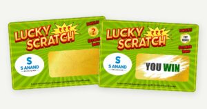 Promotional scratch cards with gold scratch-off panels, one unscratched and one revealing a prize message.