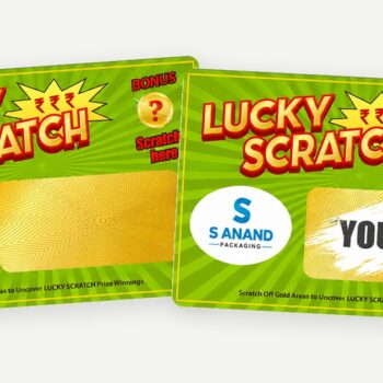 Promotional scratch cards with gold scratch-off panels, one unscratched and one revealing a prize message.